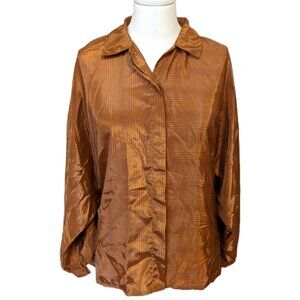 🔴Vintage 80s Metallic Bronze Striped Blouse Button Up Satin Retro Party Fall 14